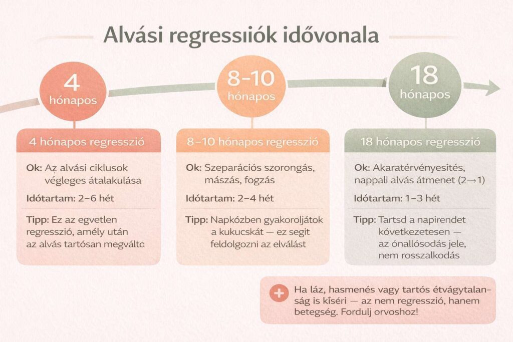 Alvási regressziók idővonala: 4, 8–10 és 18 hónapos kor, okok és jellemző időtartam