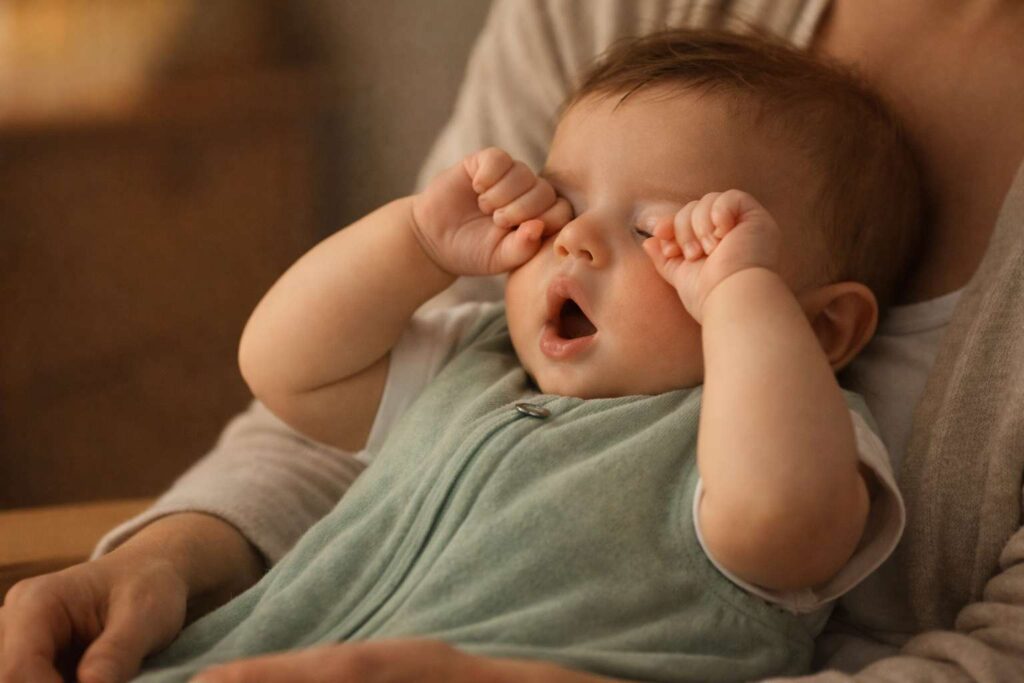 Kisbaba álmossági jeleket mutat: szemét dörzsöli, ásít — az ébrenléti idő végét jelzi
