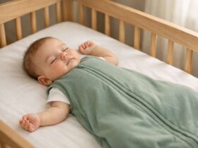 Békésen alvó csecsemő biztonságos kiságyban, hátán fekve, puha hálózsákban