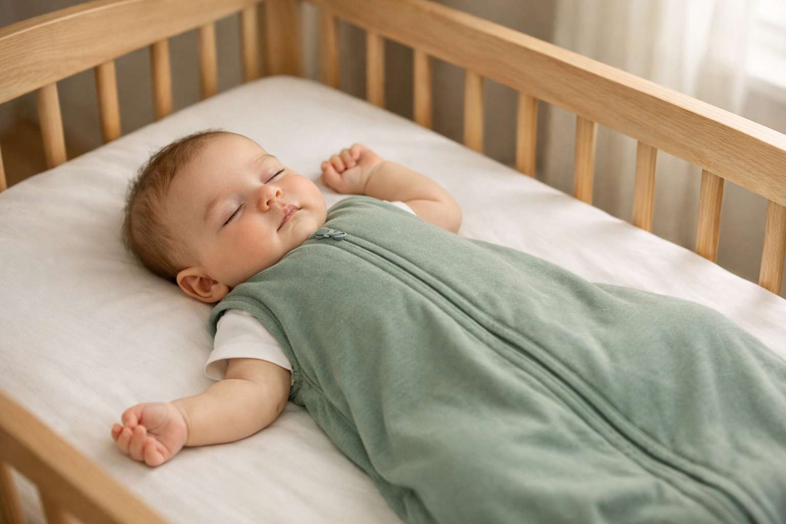 Békésen alvó csecsemő biztonságos kiságyban, hátán fekve, puha hálózsákban