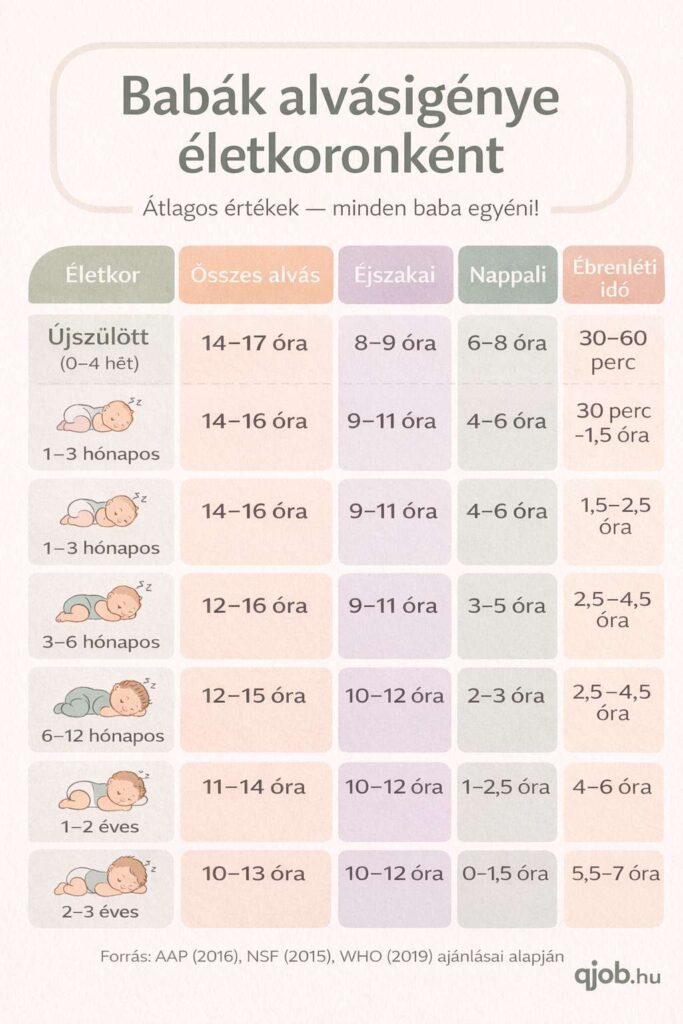 Babák alvásigénye infografika: összes alvás, éjszakai és nappali alvás, ébrenléti idő életkoronként, újszülöttkortól 3 éves korig