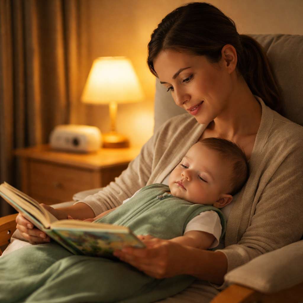 Anya esti altatási rutint végez: halk mesét olvas babájának elsötétített szobában, meleg fénnyel